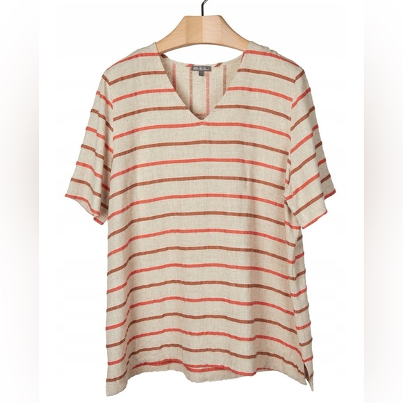 Ulla Popken orange and Cream Striped V-Neck tunic Top linen blend - Picture 2 of 8